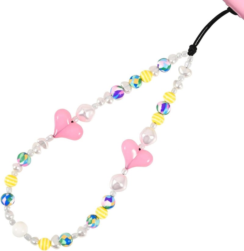 WCCH Beaded Phone Charm Y2K Kawaii Handmade Acrylic Phone Lanyard Wrist Strap for Camera Bag Airpods Keychain Charm Pink Heart - Image 1